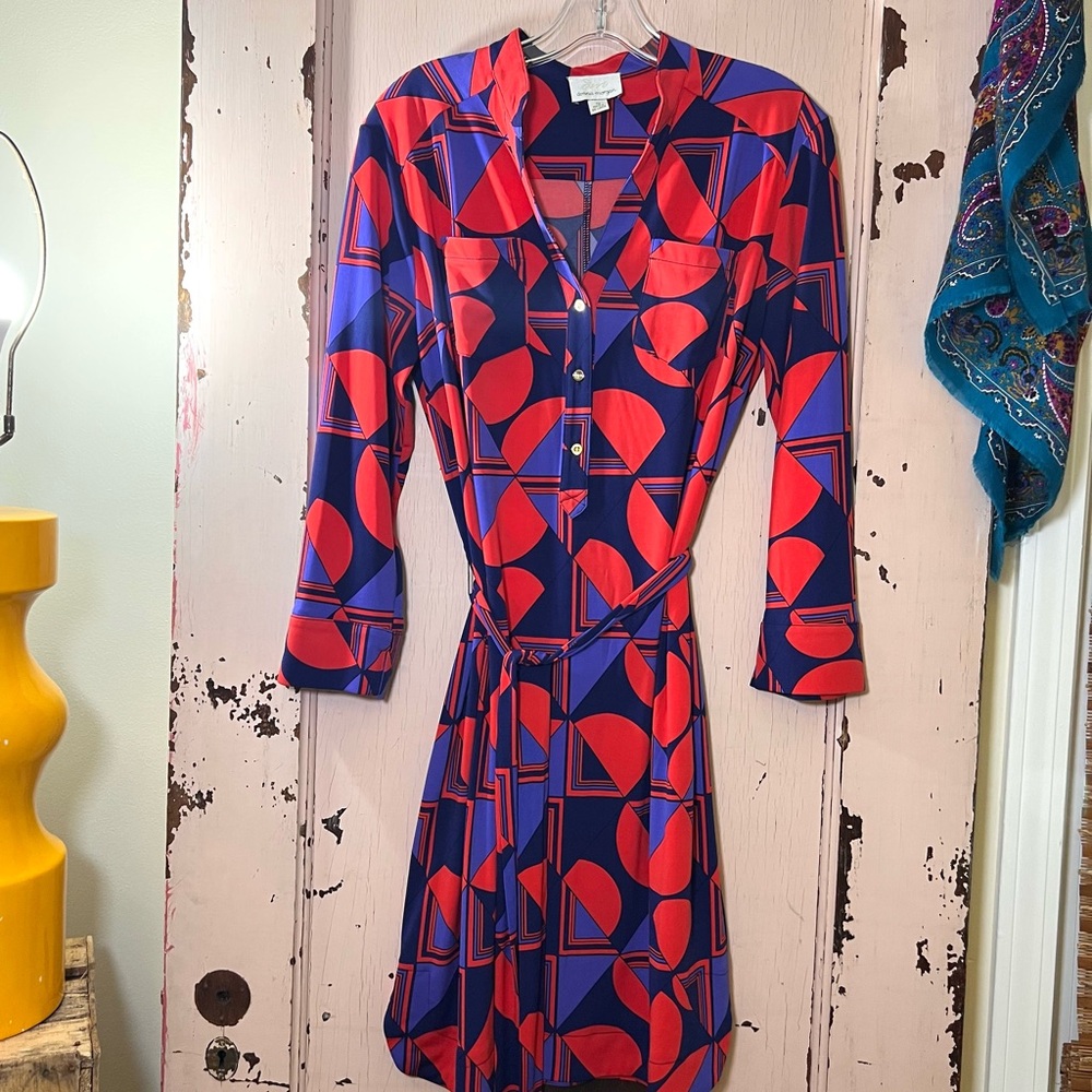 Donna Morgan Red & Purple Long Sleeve Dress Mid Mod 60’s Geometric Style